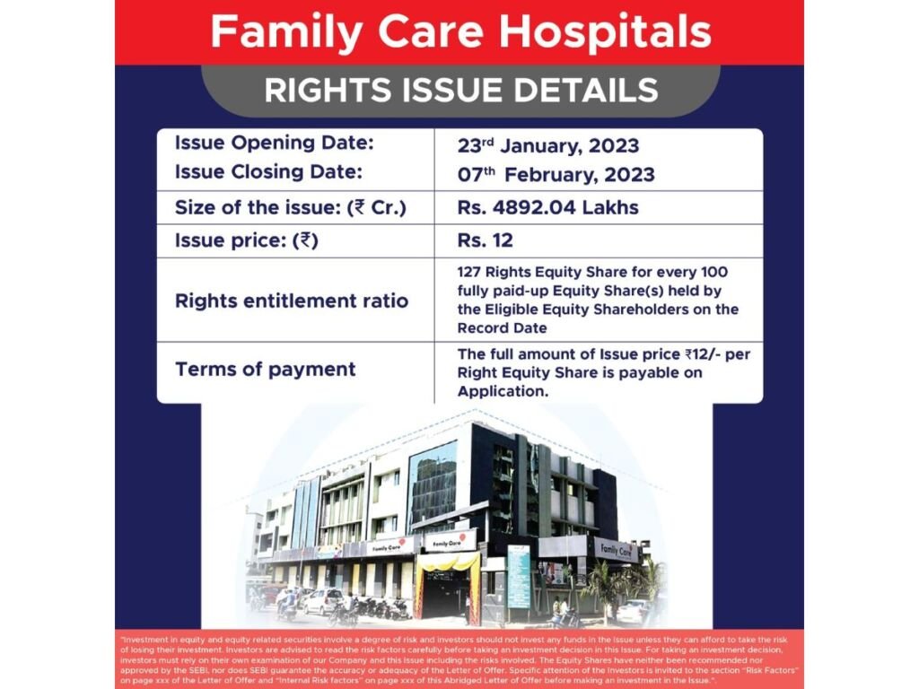 Family Care Hospital Limited Rs 4892 lakhs rights issue subscription close on 7 February, 2023